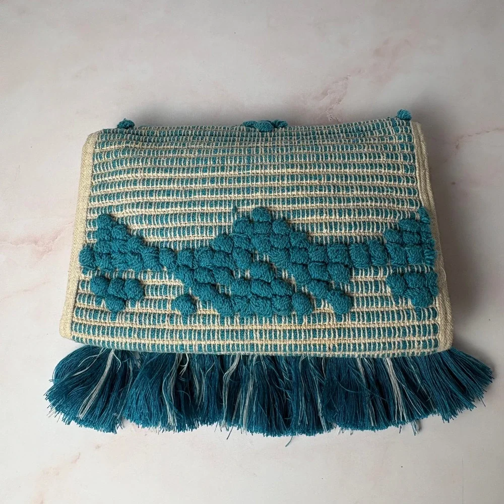 America & Beyond Teal Woven Tassel Crossbody Bag‎ Studded Pom Pom Handcrafted